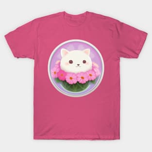 Kitten in a vase of pink flowers T-Shirt